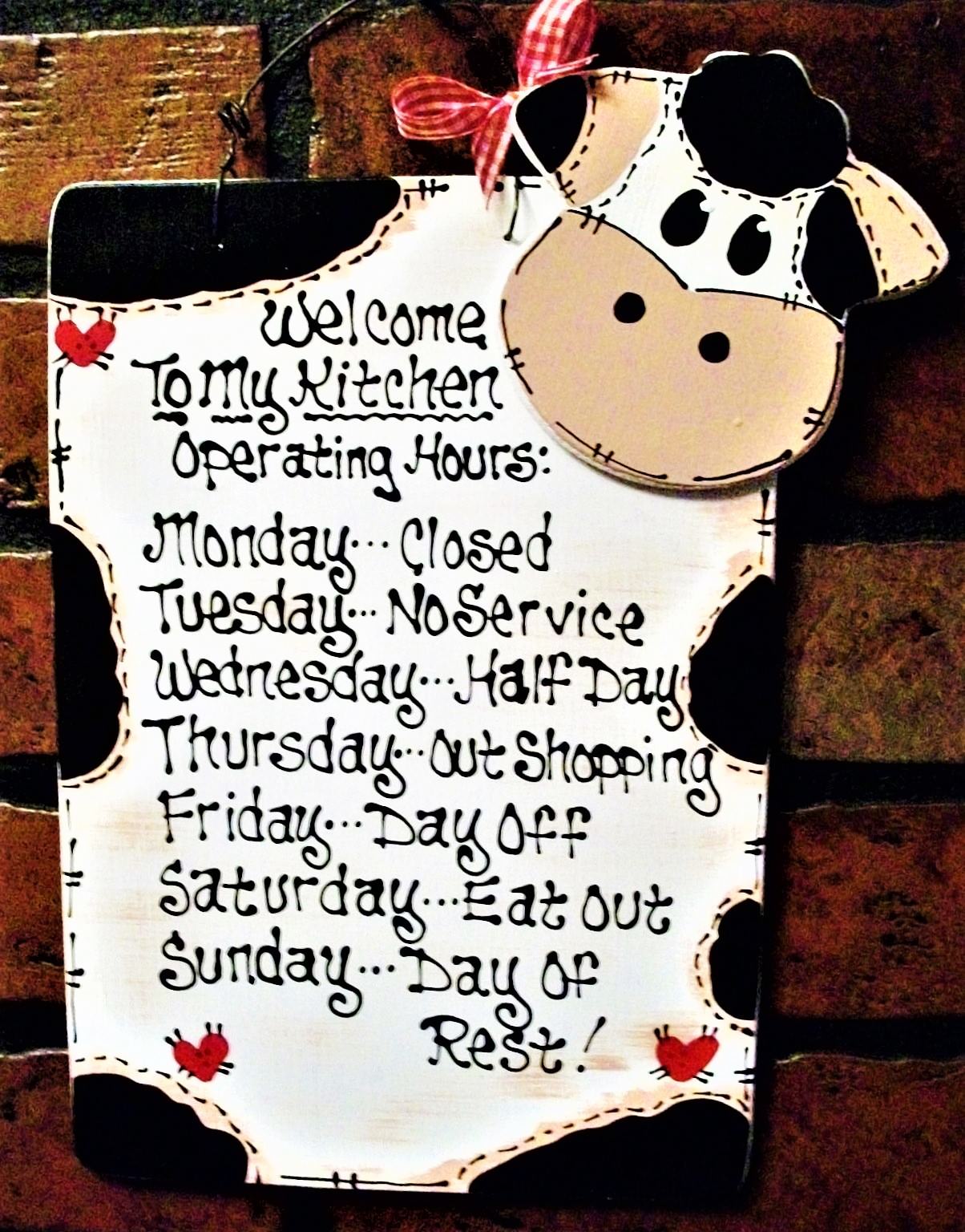 COW Kitchen Operating Hours SIGN Plaque Wall Barnyard Farm Decor Country Wood