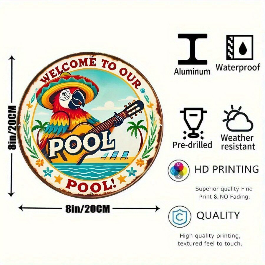 1pc, “Welcome to Our Pool” Aluminum Tin Metal Signs, 8×8 inches, Round Vintage C