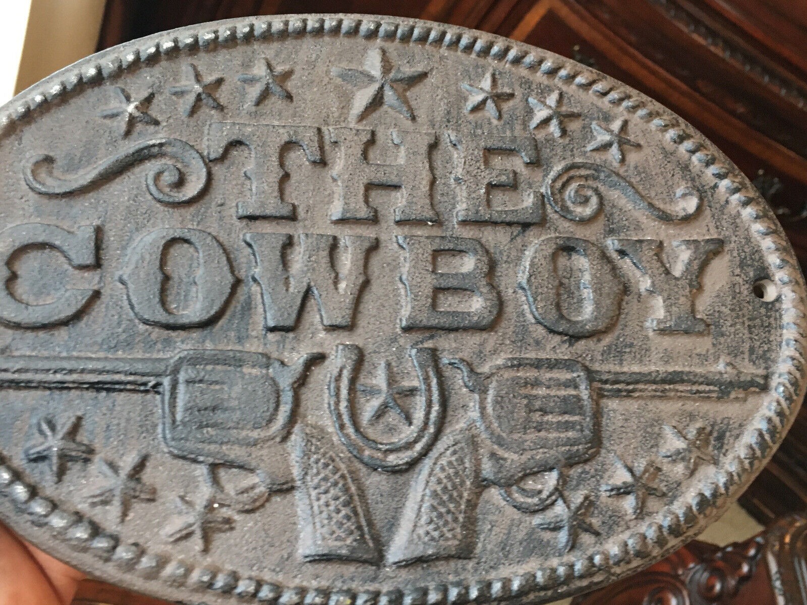 Vintage Cast Iron Cowboy Plaque Sign Rustic Weights 3 pounds