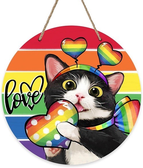 Love Rainbow Tuxedo Cat Front Door Sign, LGBTQ Pet Heart Wood Door Hanger Pri…