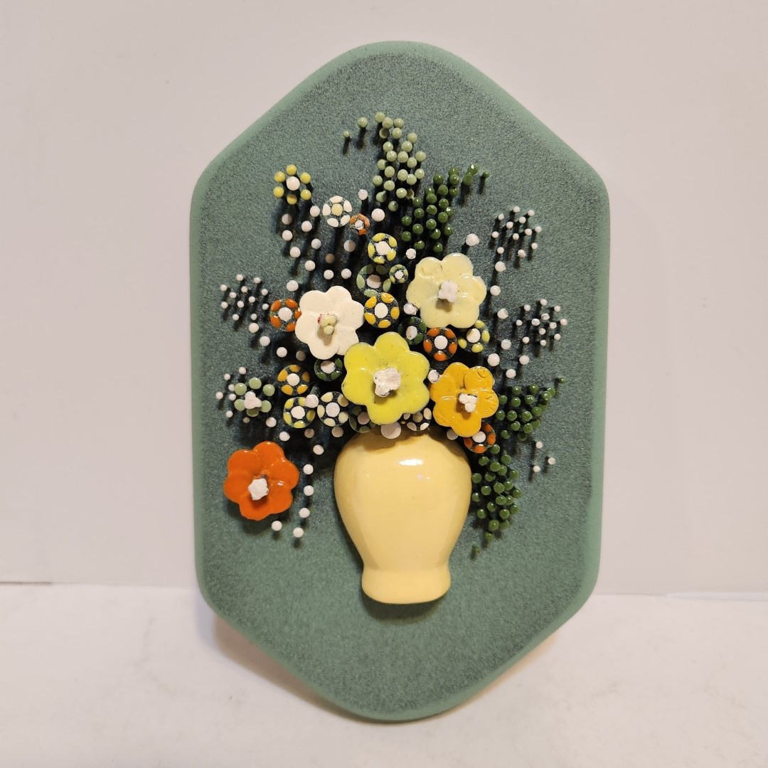 Vintage 1975 Pol-O-Craft Pauline Owens 3D Nail Floral Art Earthware Plaque 9″