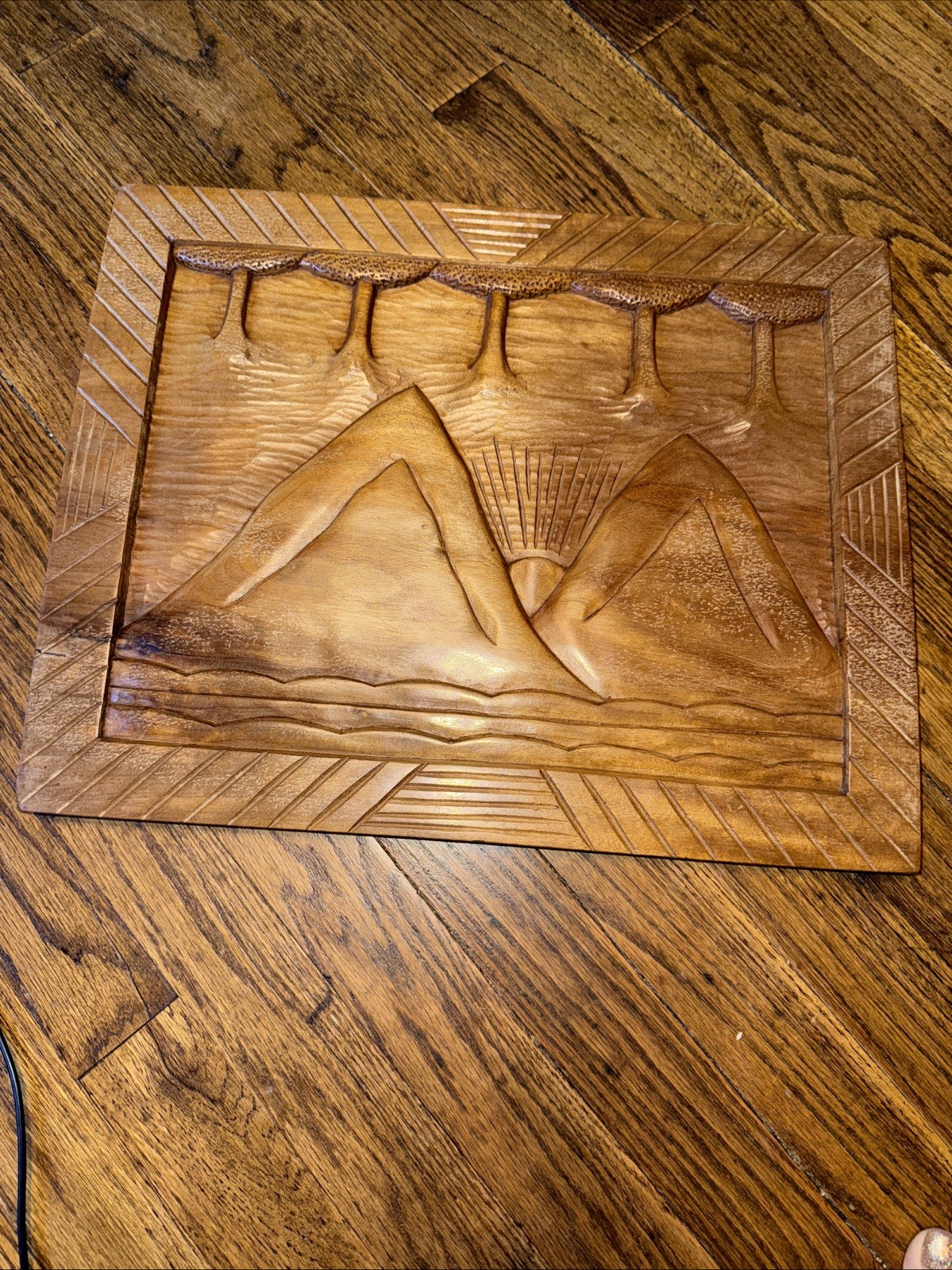 St Lucia Wood Plaque Mountains Sun Trees Hand Carved artist Signed Nico 17×13