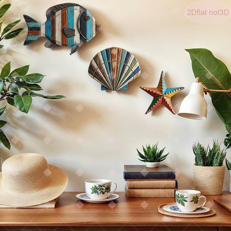 3 Piece Wooden Wall Decor Set American Coastal Style Sea Fish Shells ＆ Starfish