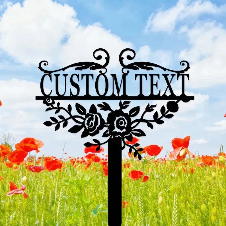 Personalized Metal Garden Sign Custom Floral Stake Rose Flower Yard Art Mom Gift