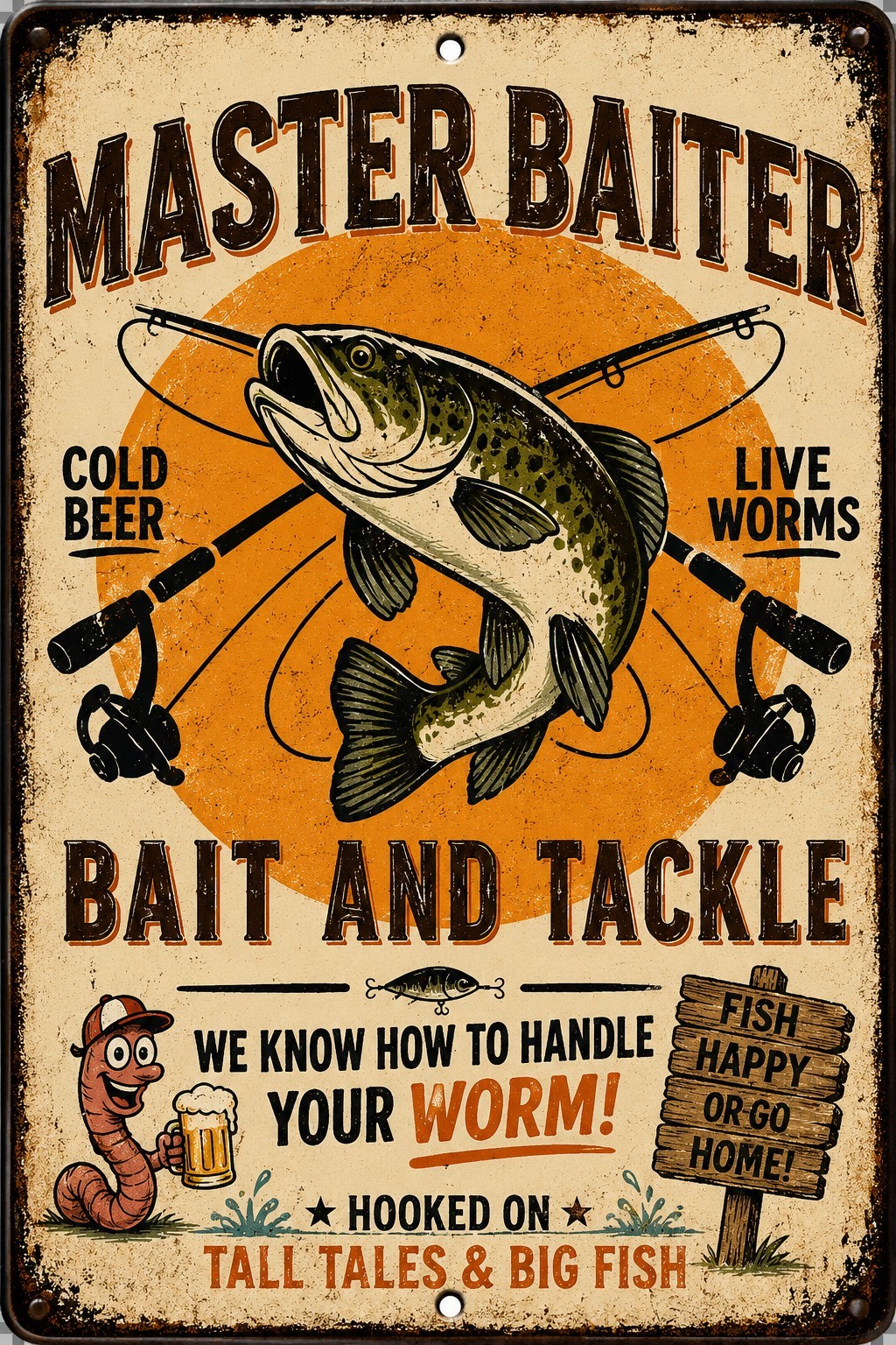 Funny Master Baiter Bait and Tackle Metal Sign Fishing Cabin Lake House Man Cave