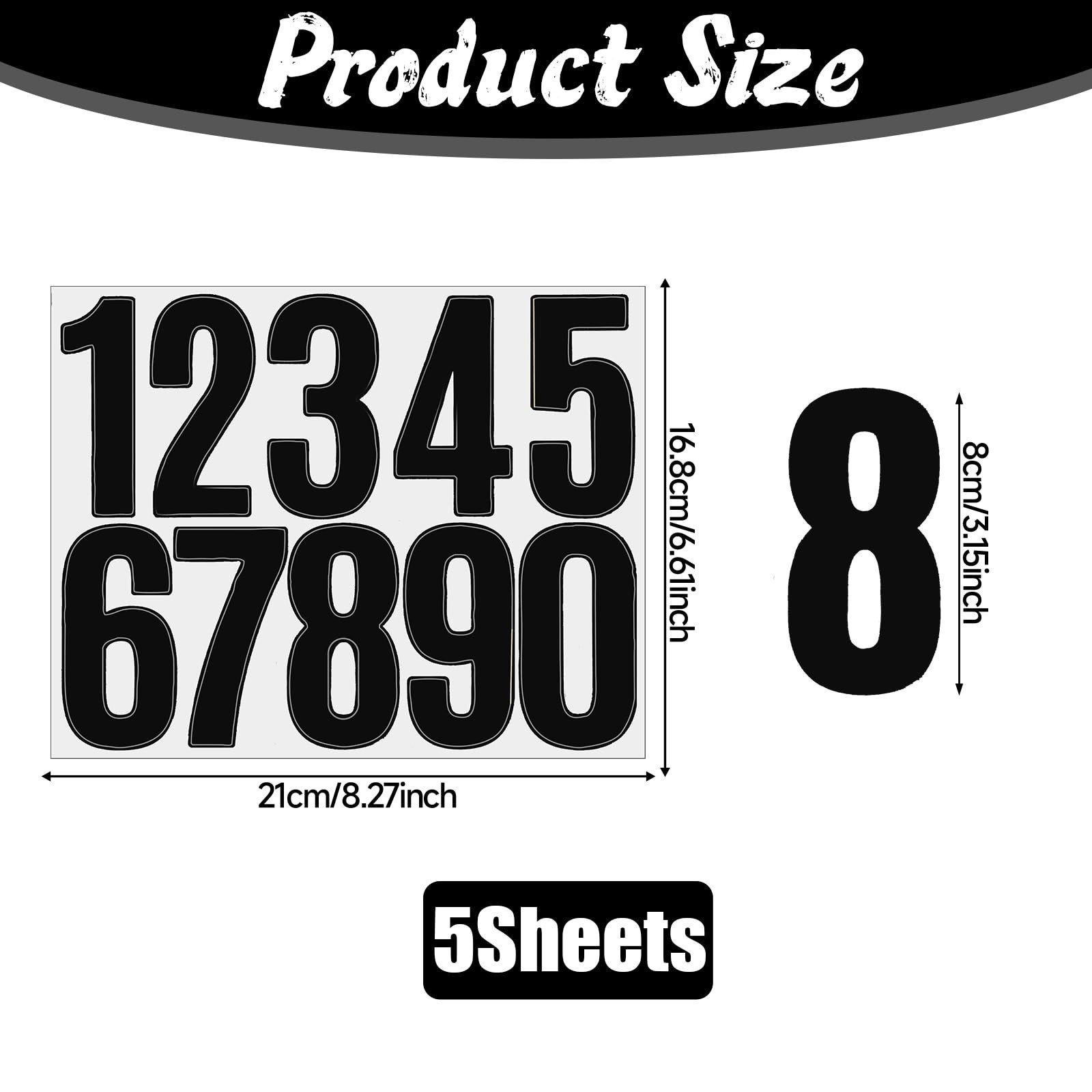 5 Sheets Black Number Stickers, 3 in Vinyl Stick on Numbers, 0-9 Waterproof A
