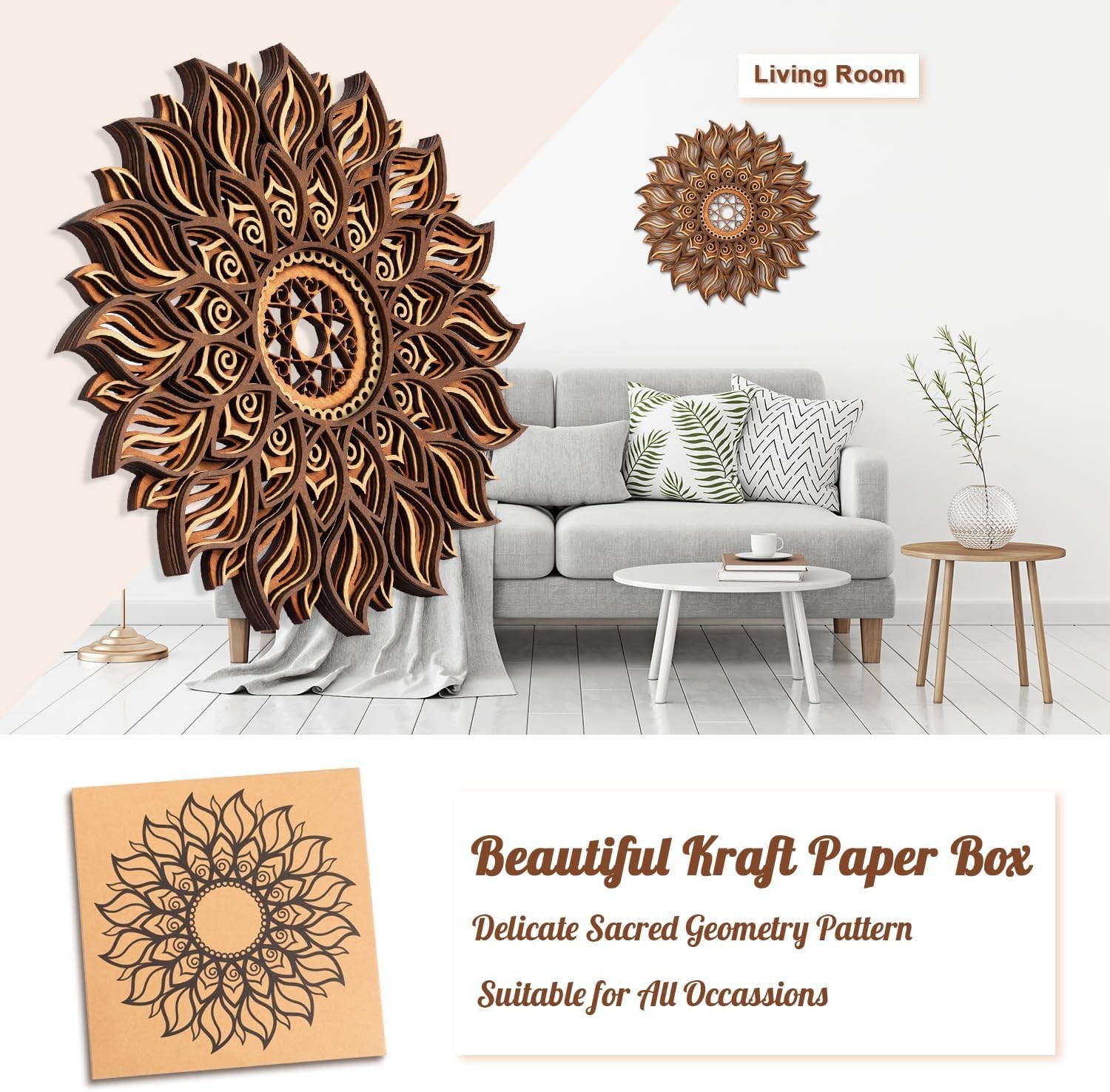 11.8 Inch Sun Wall Decor, Wooden Mandala Wall Art, Hollowed-out Sun Hanging S…