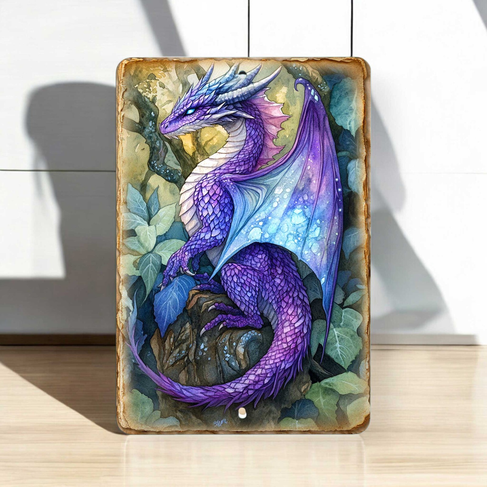 Purple Forest Dragon Metal Sign – 8×12 Fantasy Wall Art with Leaves & Foliage