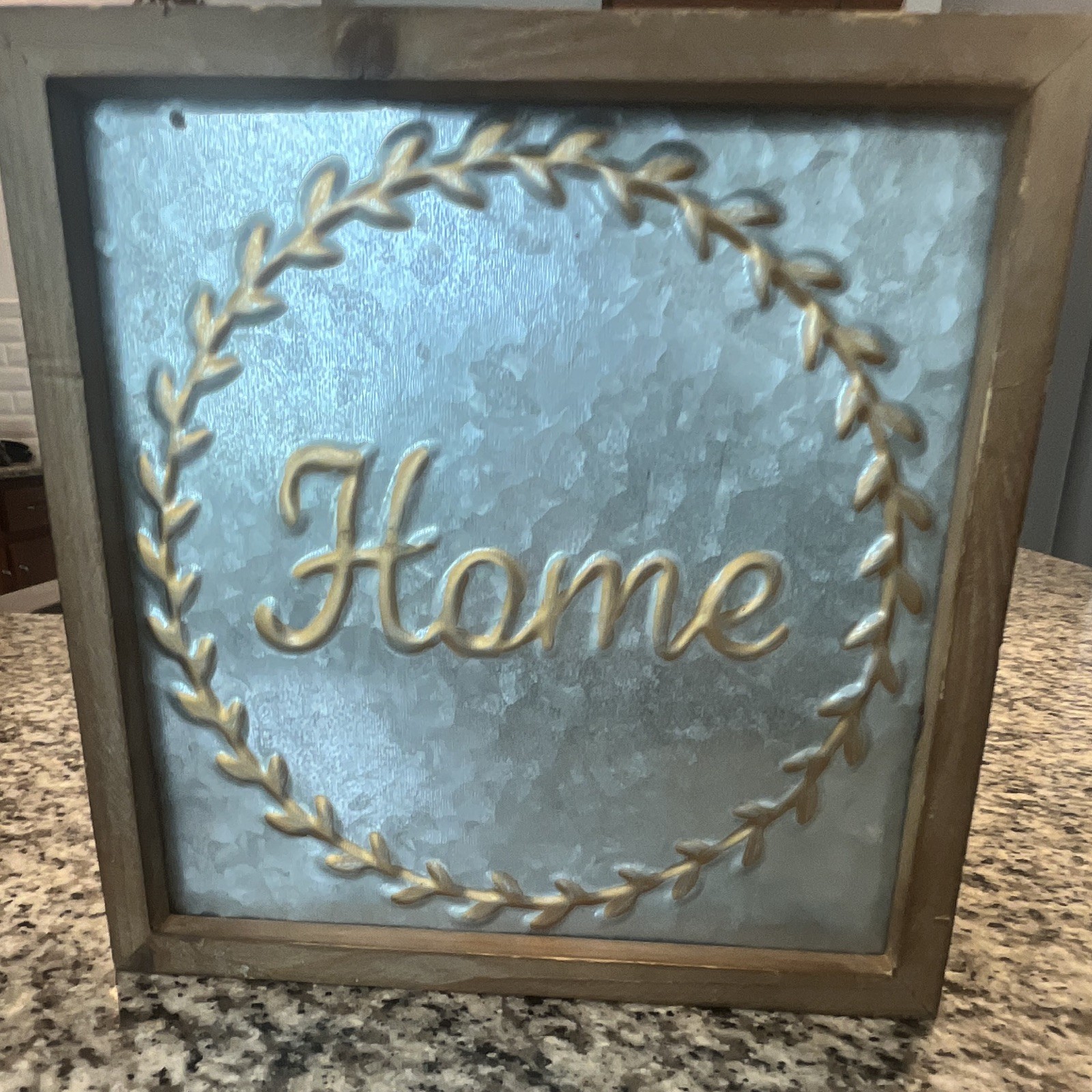 Farmhouse Home Wreath Wall Sign, Framed Galvanized Metal & Wood Square