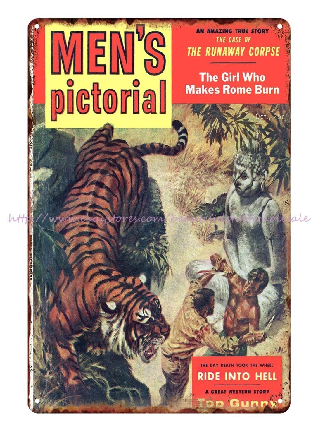 Men’s Pictorial 1957 tiger Buddha fighting men metal tin sign plaques made