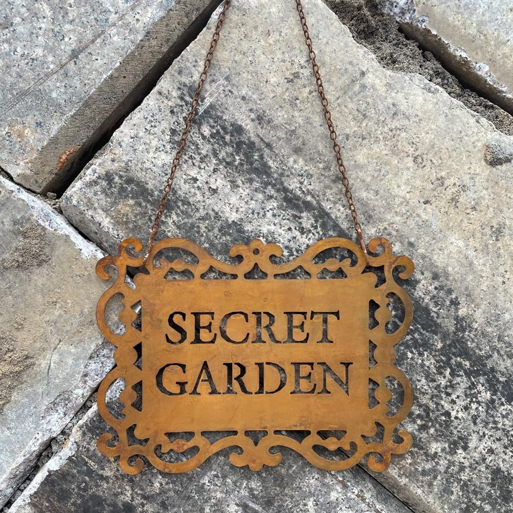 Rustic Iron “Secret Garden” Hanging Sign, Natural Rust Patina Metal Plaque wi…