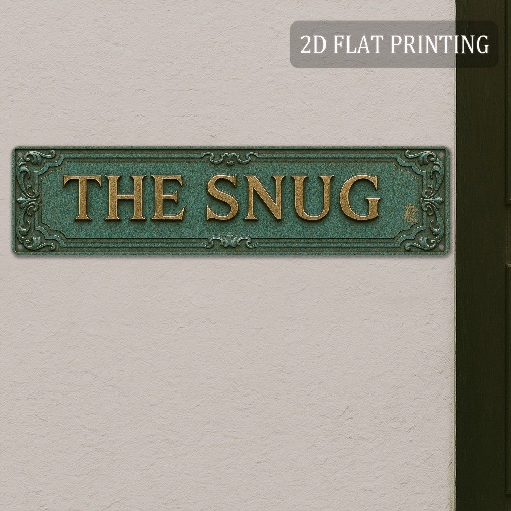 “THE SNUG” Retro Wall Panel Sign – Golden Lettering, 2D Flat