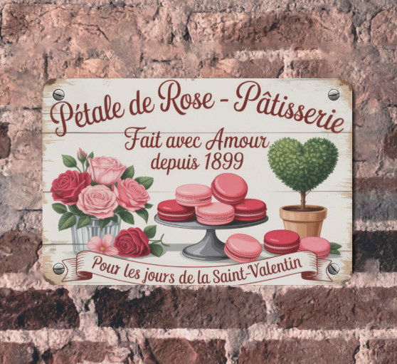 Vintage French Kitchen Bakery Macaroon Valentine Day Wall Decor Metal Sign 12×8