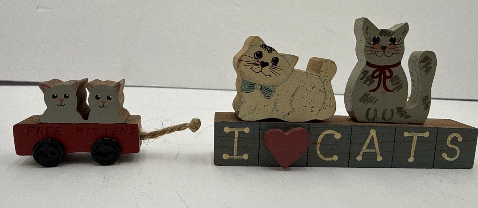 Set of 4 Handpainted Gray White Kittens Wood Display Decor I ❤️ Cats