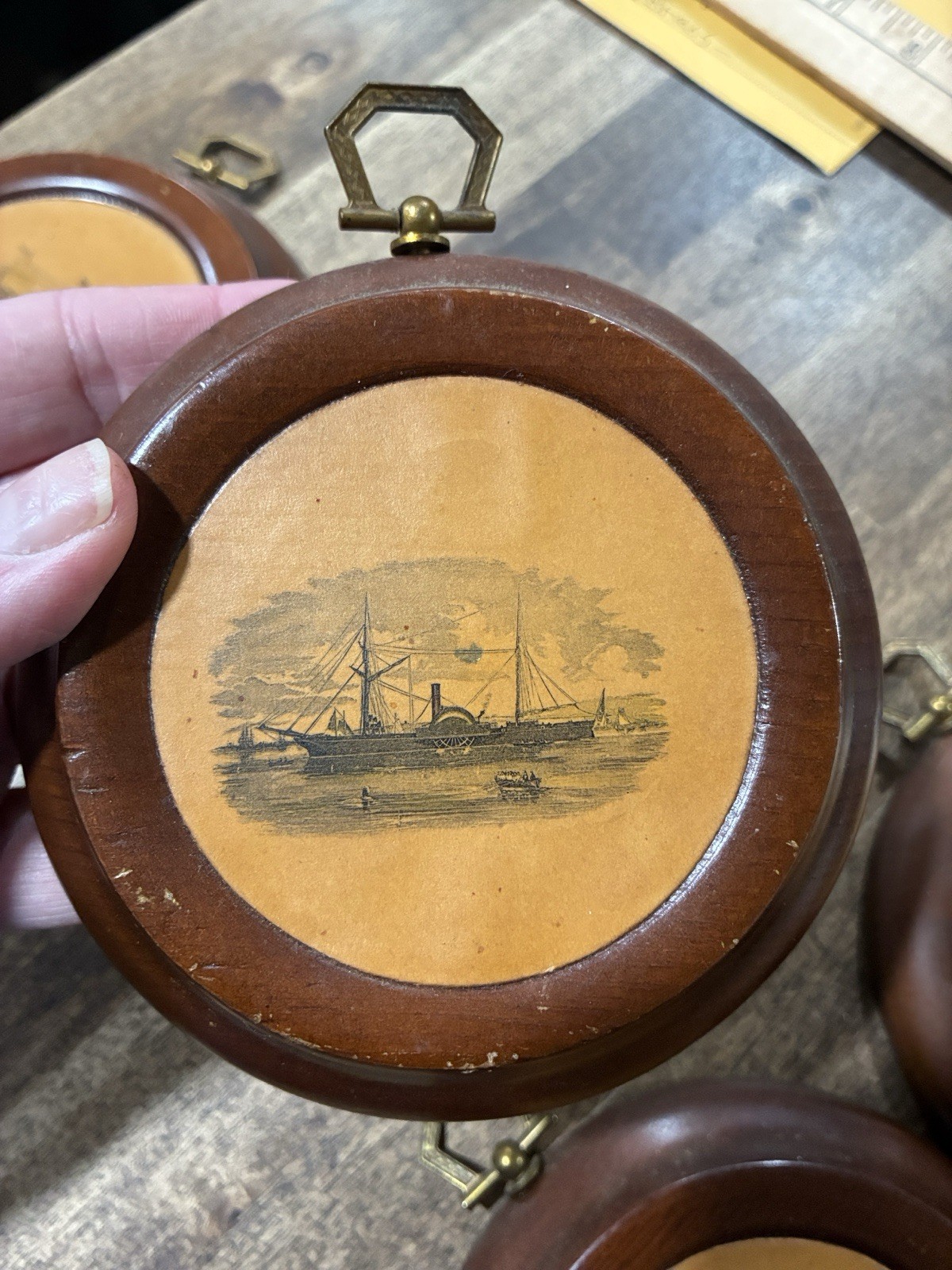 Wooden Ship Illustration Wall Hanging, Round, 4 Inch Diameter, Set of 4