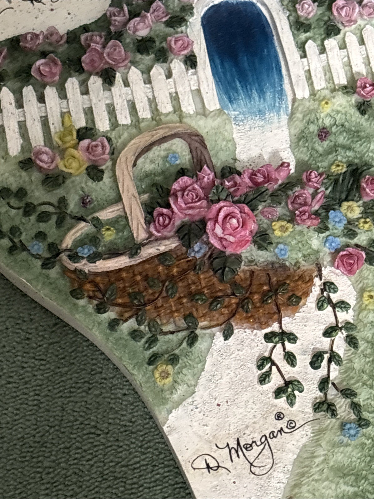 D. Morgan Signed Mixed Medium Floral Painting 3D On Textured Stone Wall Plaque