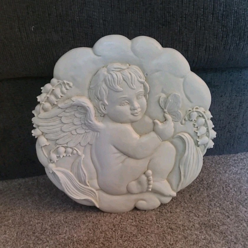 Ceramic White Angel Wall Plaque Decorative Relief, Irregular Shape Decor