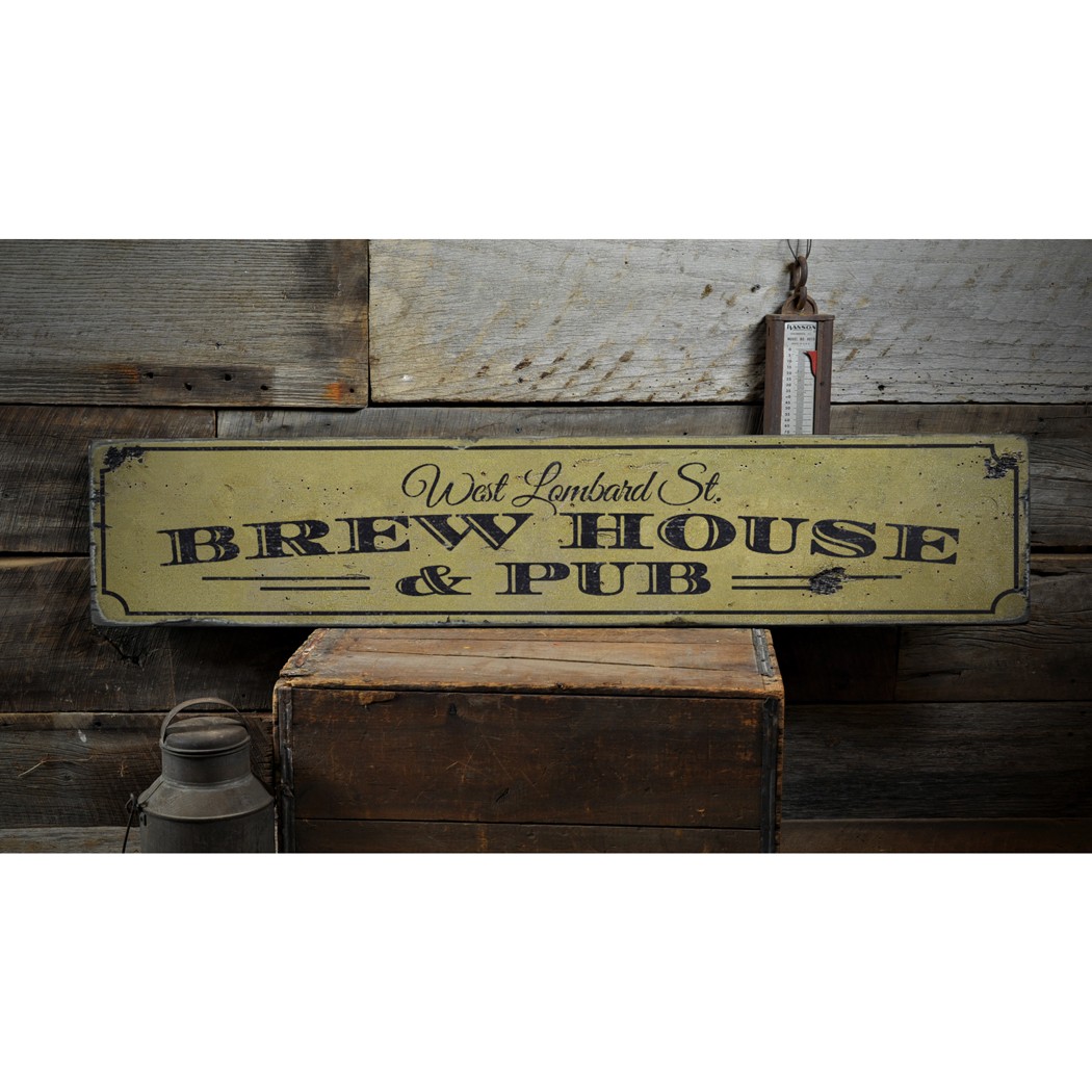Pub & Brewhouse, Custom Bar Location – Rustic Distressed Wood Sign