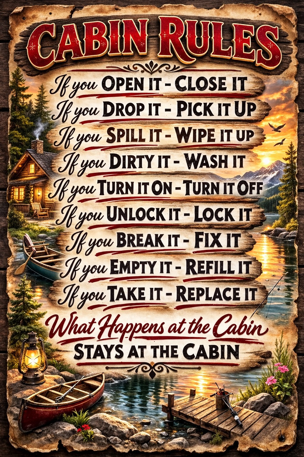 Cabin Rules Metal Sign 8×12 Rustic Lake House Decor What Happens at the Cabin St