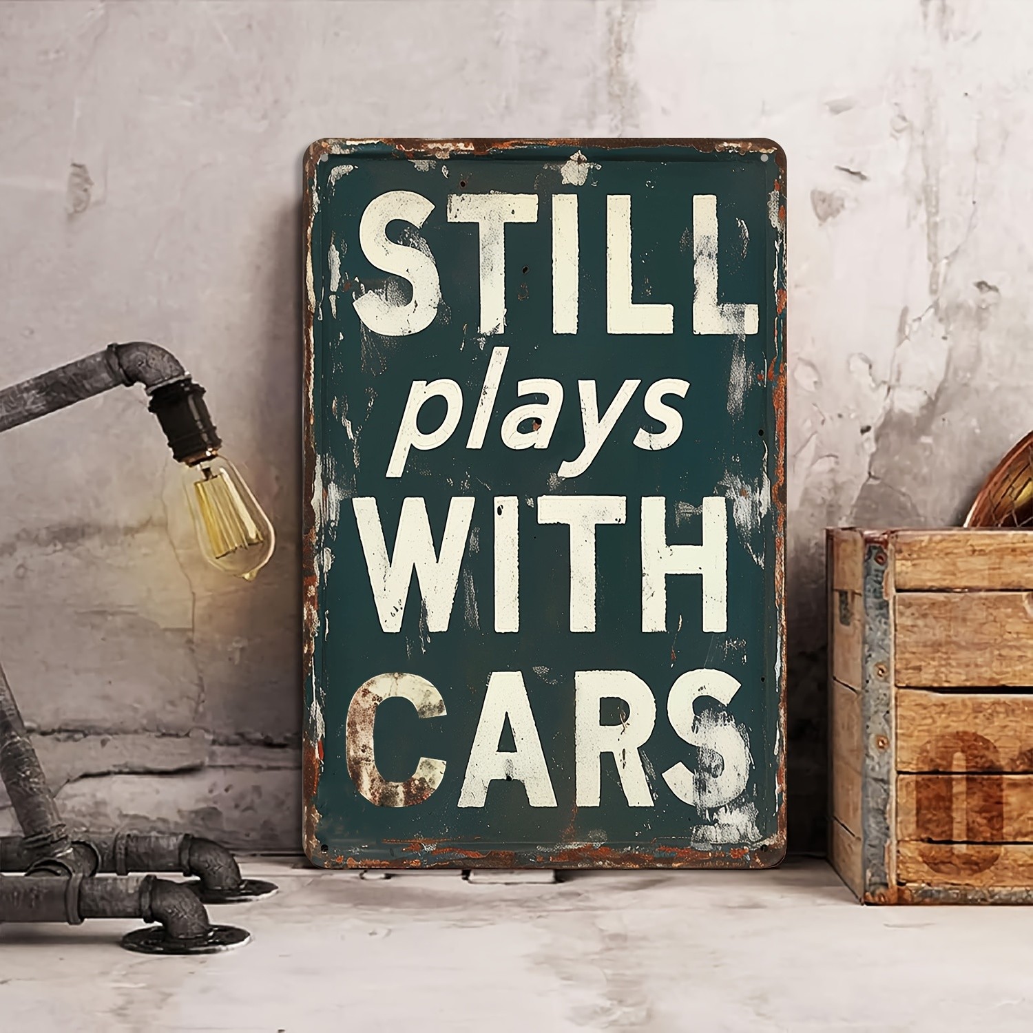 Vintage Still Plays With Cars Metal Sign Retro Wall Art Man Cave Garage Decor