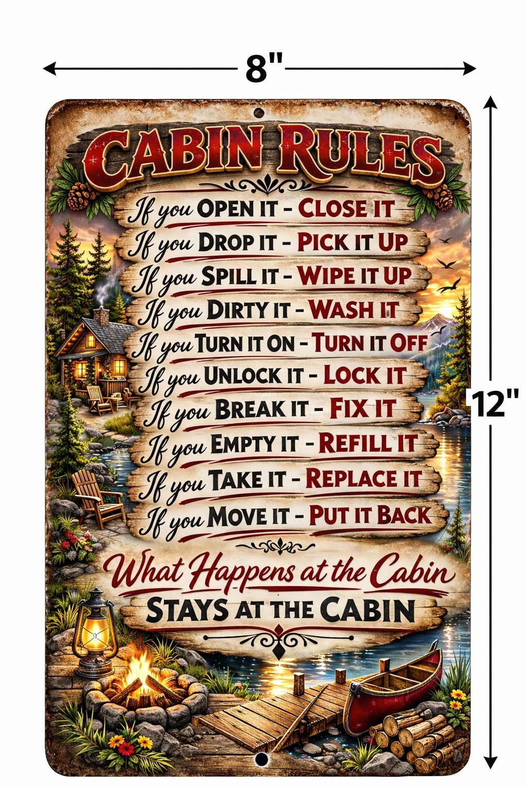 Cabin Rules Metal Sign 8×12 Rustic Lake House Decor What Happens at the Cabin St