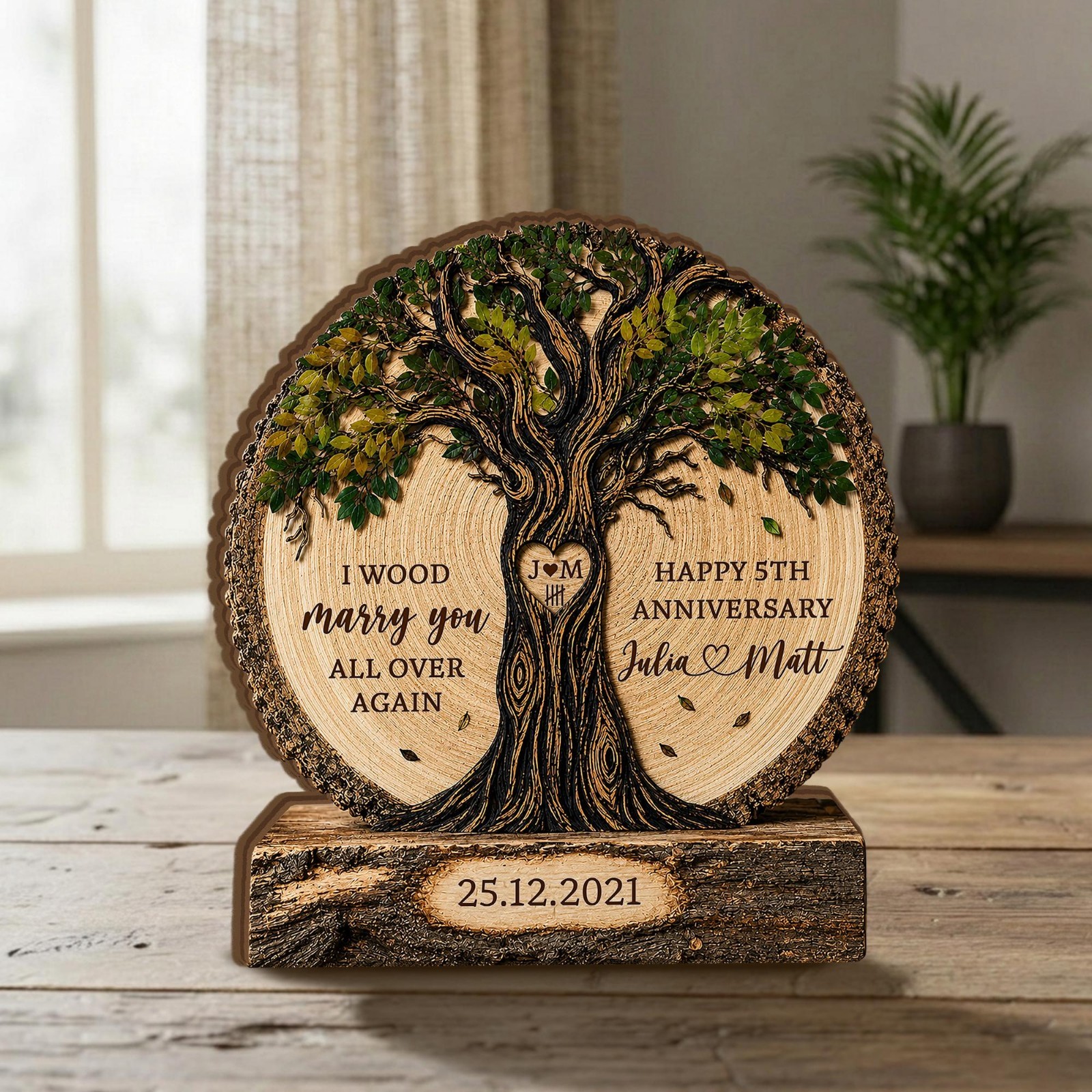 Personalized Couple Tree Wooden Block, Wood Anniversary Gift For Couples