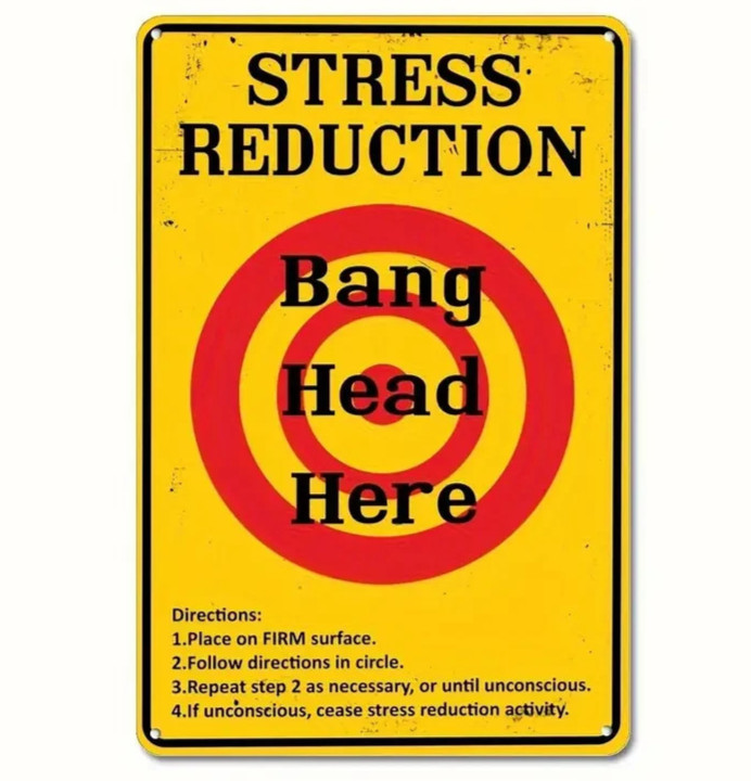 NEW 2D 8″x12″ Funny Yellow Metal Novelty Sign w Red Target. “Bang Head Here”