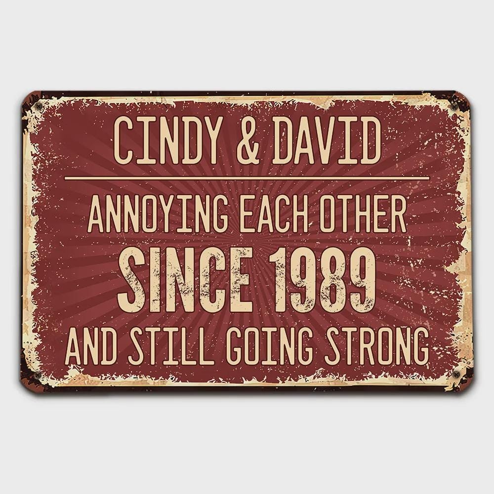 Personalized Anniversary Metal Sign: Funny Couple Gift, Custom Names & Date