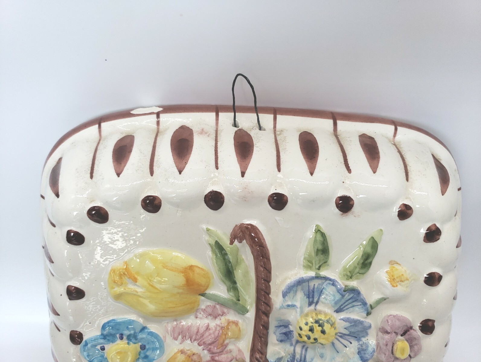 Vintage Ceramic Hand Painted Raised Floral Wall Hanging Mold Italy 9.5″ Square