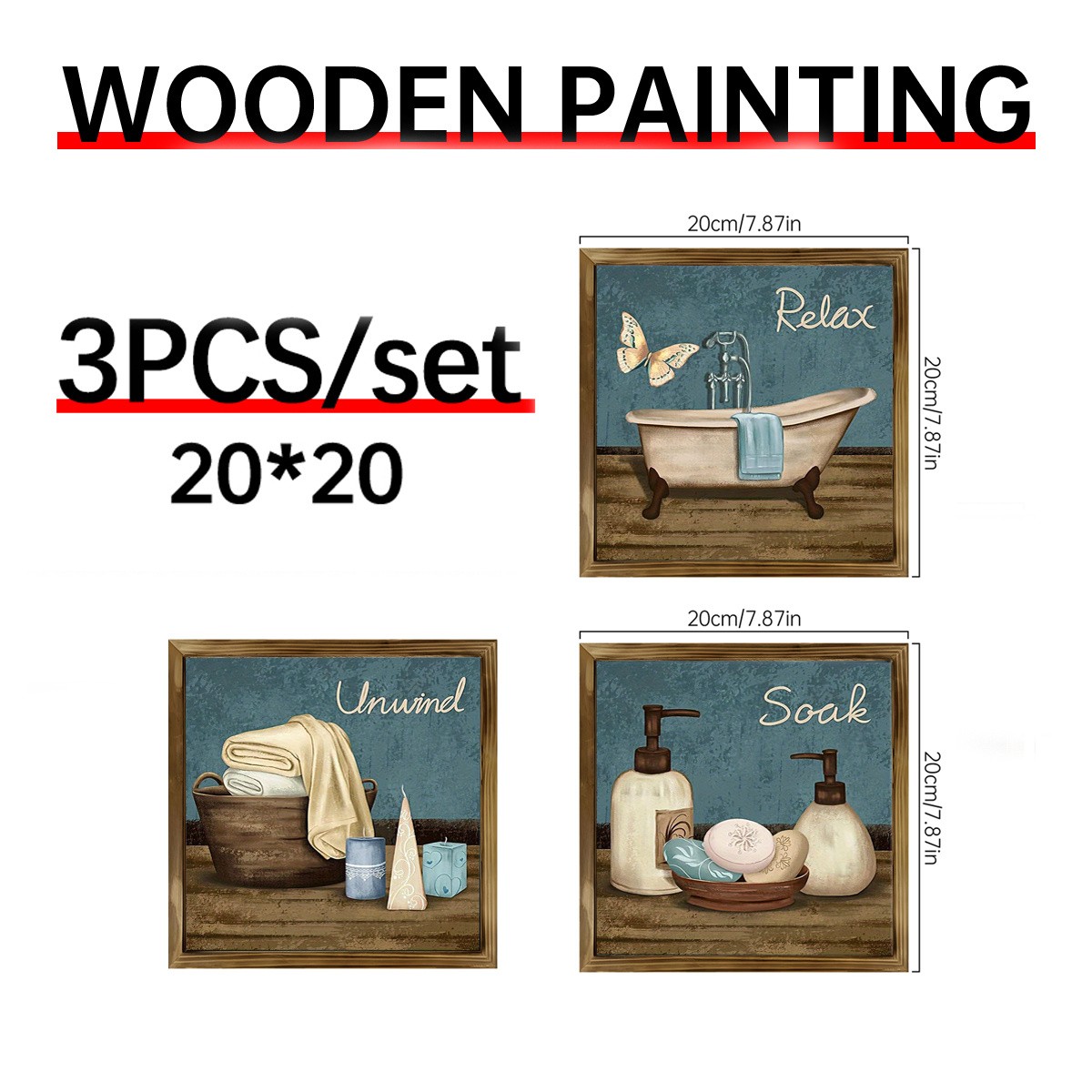 3Pcs Rustic “Relax Unwind Soak” Framed Wall Art Wooden Farmhouse Bathroom Decor
