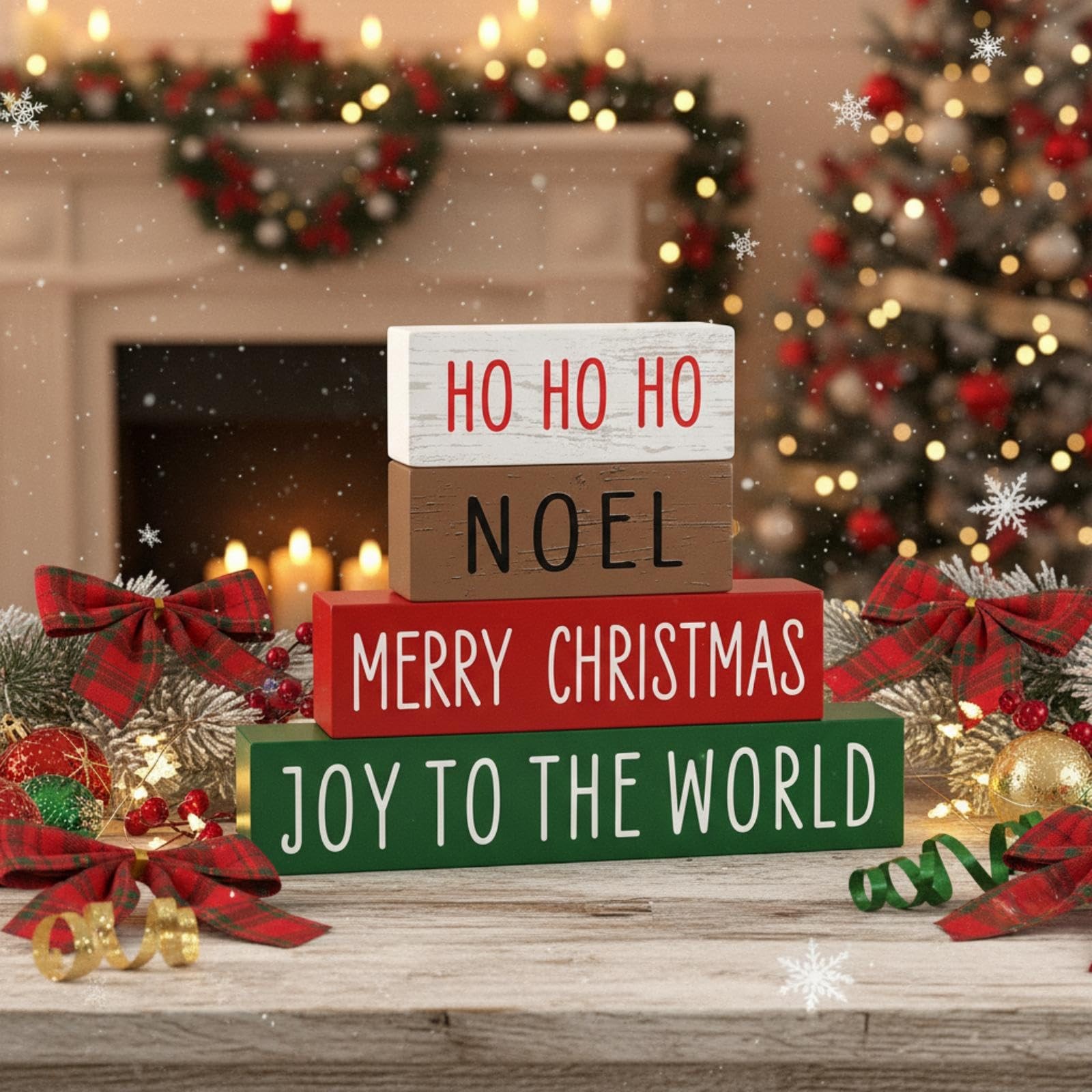 4 Pieces Christmas Wooden Block Sign Red White Green Brown Table Centerpieces…