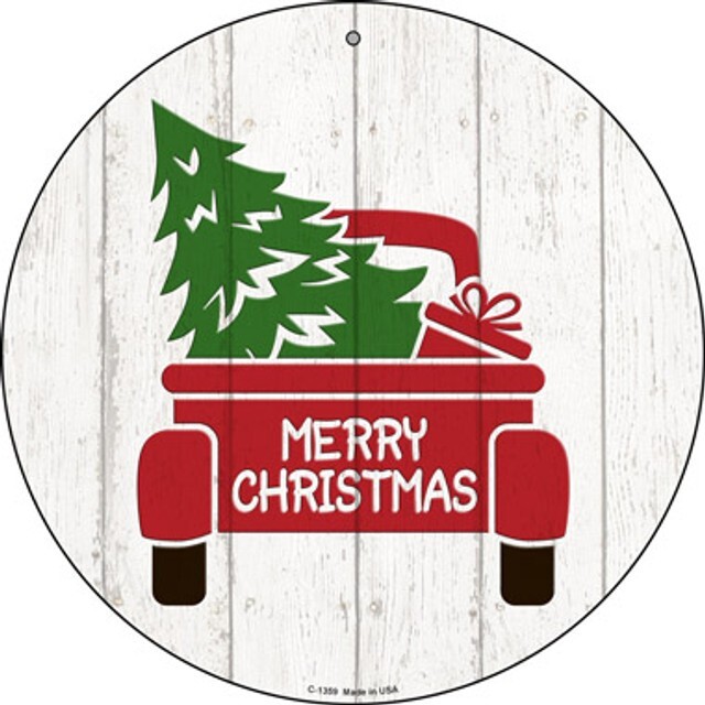 Merry Christmas Red Truck 12″ Lightweight Metal Circle Sign