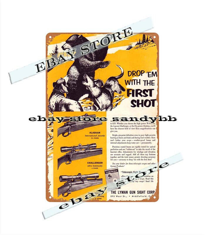 pub bar 1953 wildlife hunters Gun Sights Alaskan Challenger Wolverine tin sign