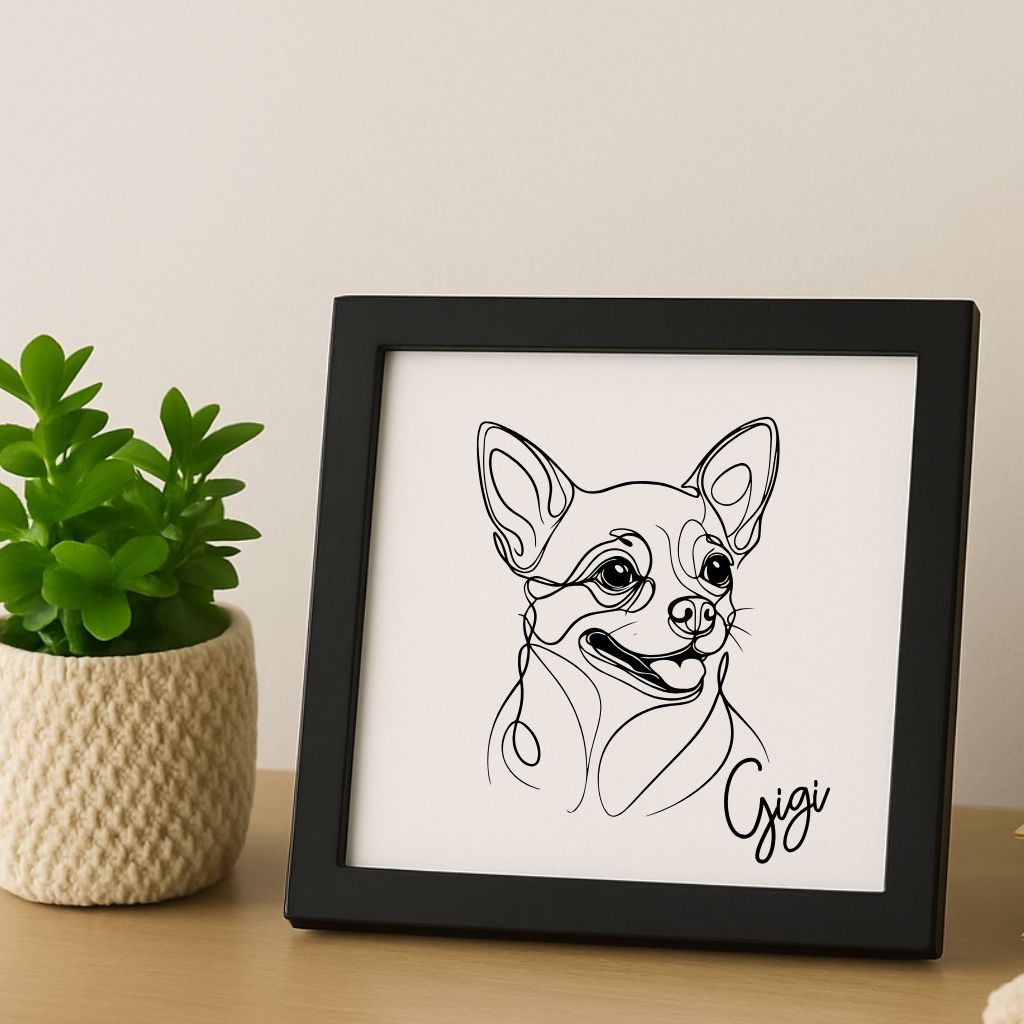 Personalized Name Laser Engraved Chihuahua Dog Portrait on Wood Panel with Frame