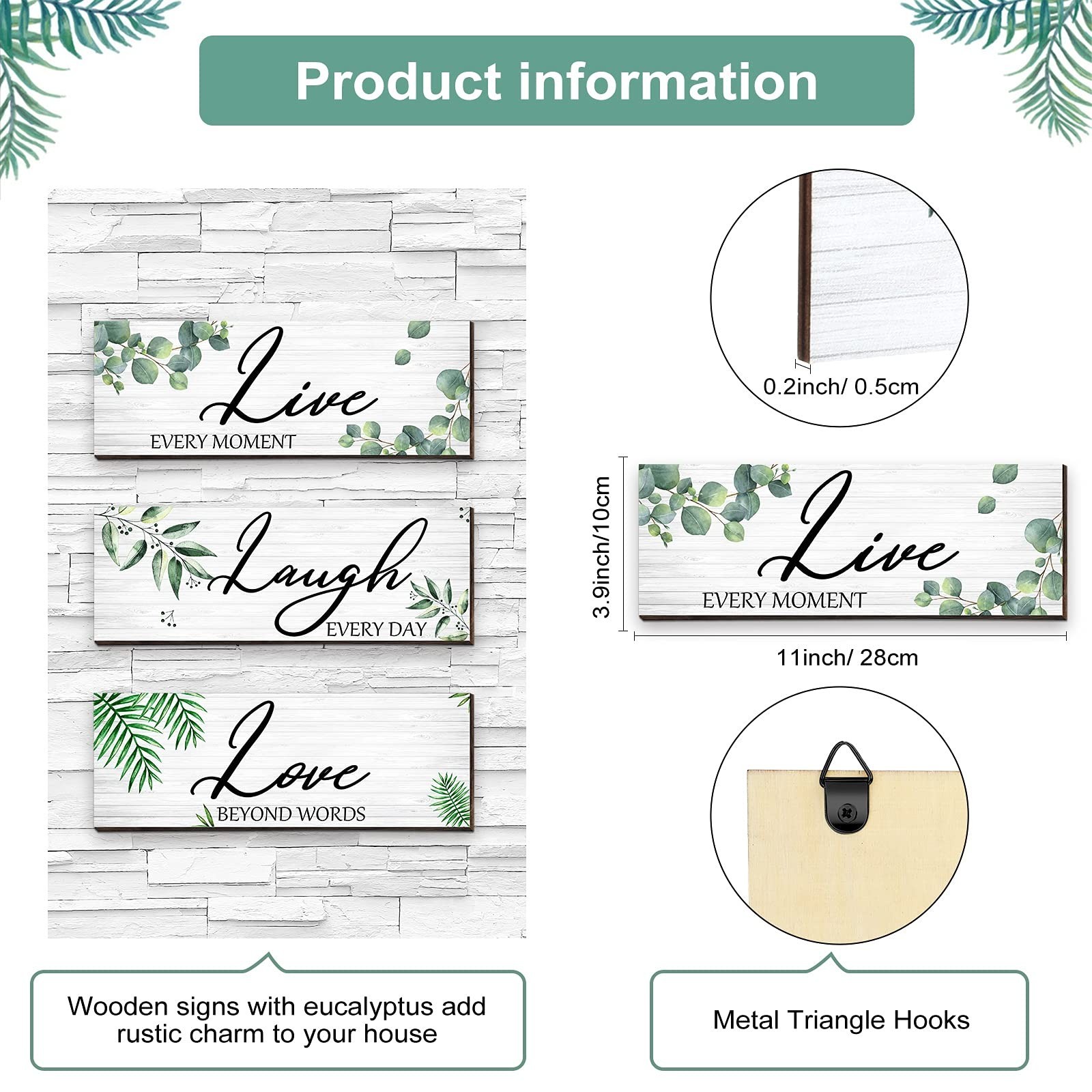 3 Pieces Live Laugh Love Wooden Sign Eucalyptus Leaves Wall Sign Farmhouse Bo…
