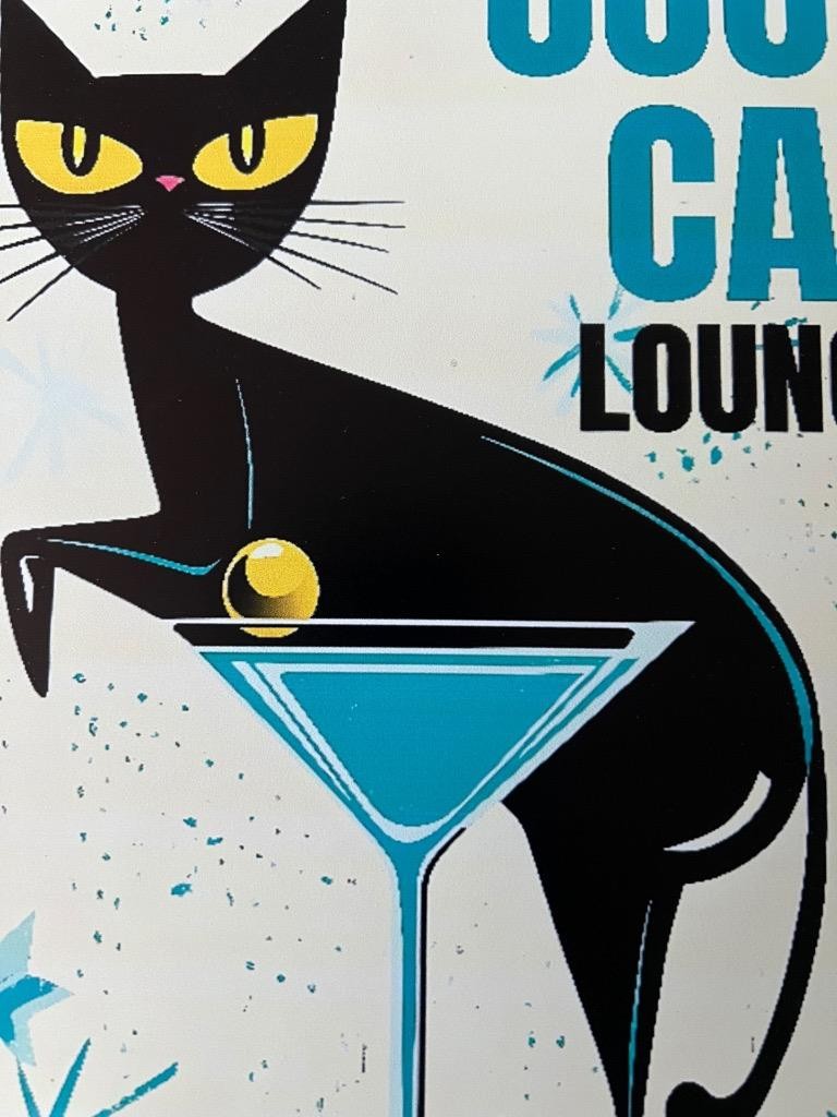 Retro 1950’s Cool Cat Lounge Bar Kitschy Tin Sign Black kitty MCM Tin vtg atomic