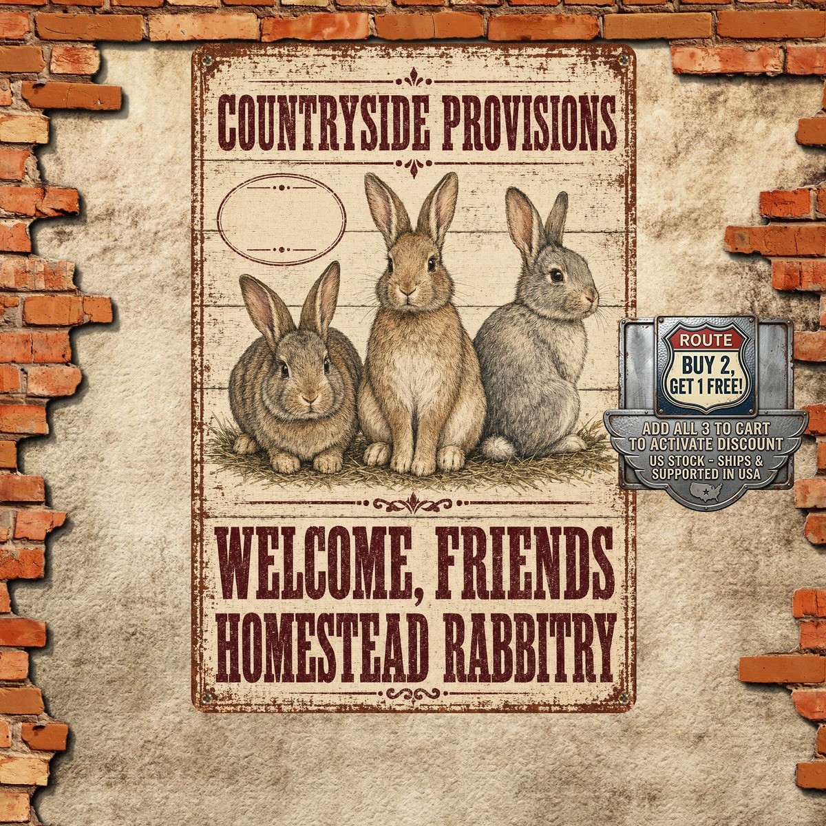 Three Rabbits Illustration Distressed Farmhouse Rabbit Farm Sign Metal Plaque