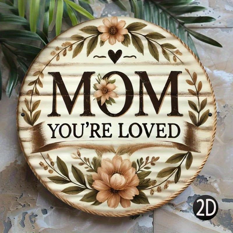 Mom Metal Sign Aluminum Sign 8 Inch Round Wood Grain Wreath Vintage