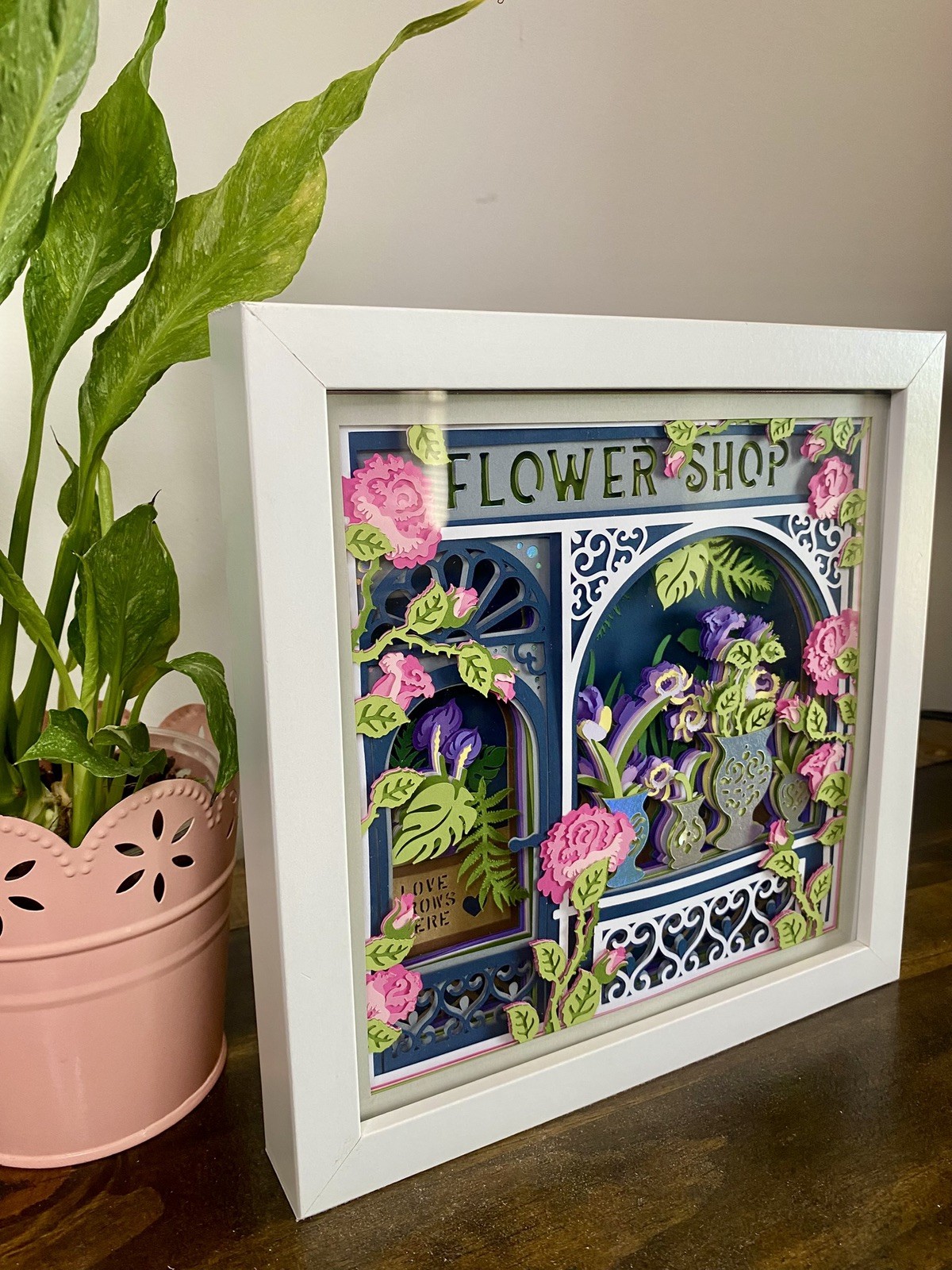 3D Flower Shop Plants Botanical Shadow Box 8×8 Gift Wall Art Handmade Decor