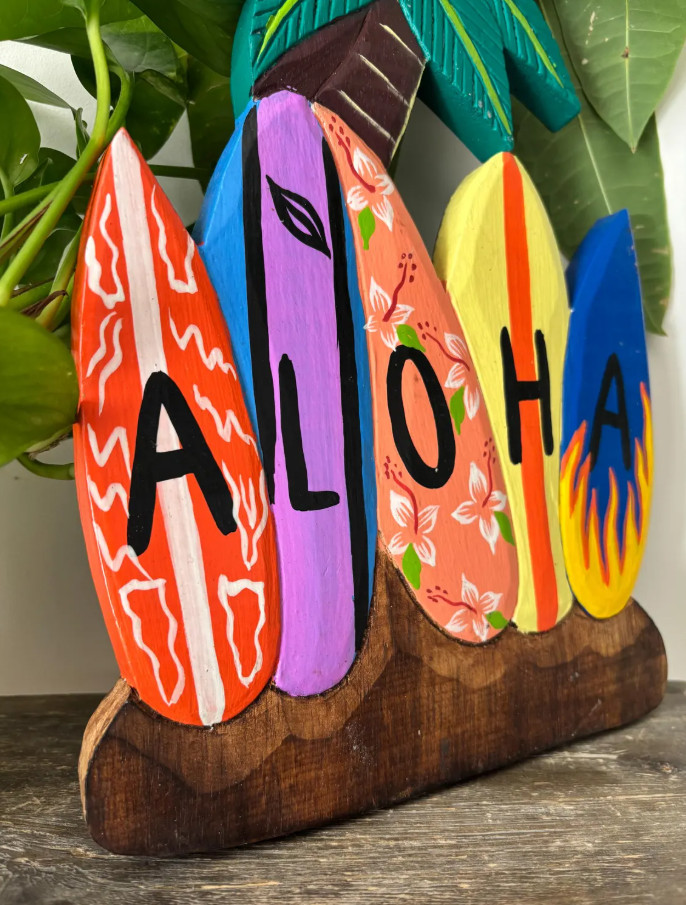 Hawaii Hand Made Wall Hanging Decor Plaque ALOHA Palm Tree Surfboard Wood Sign