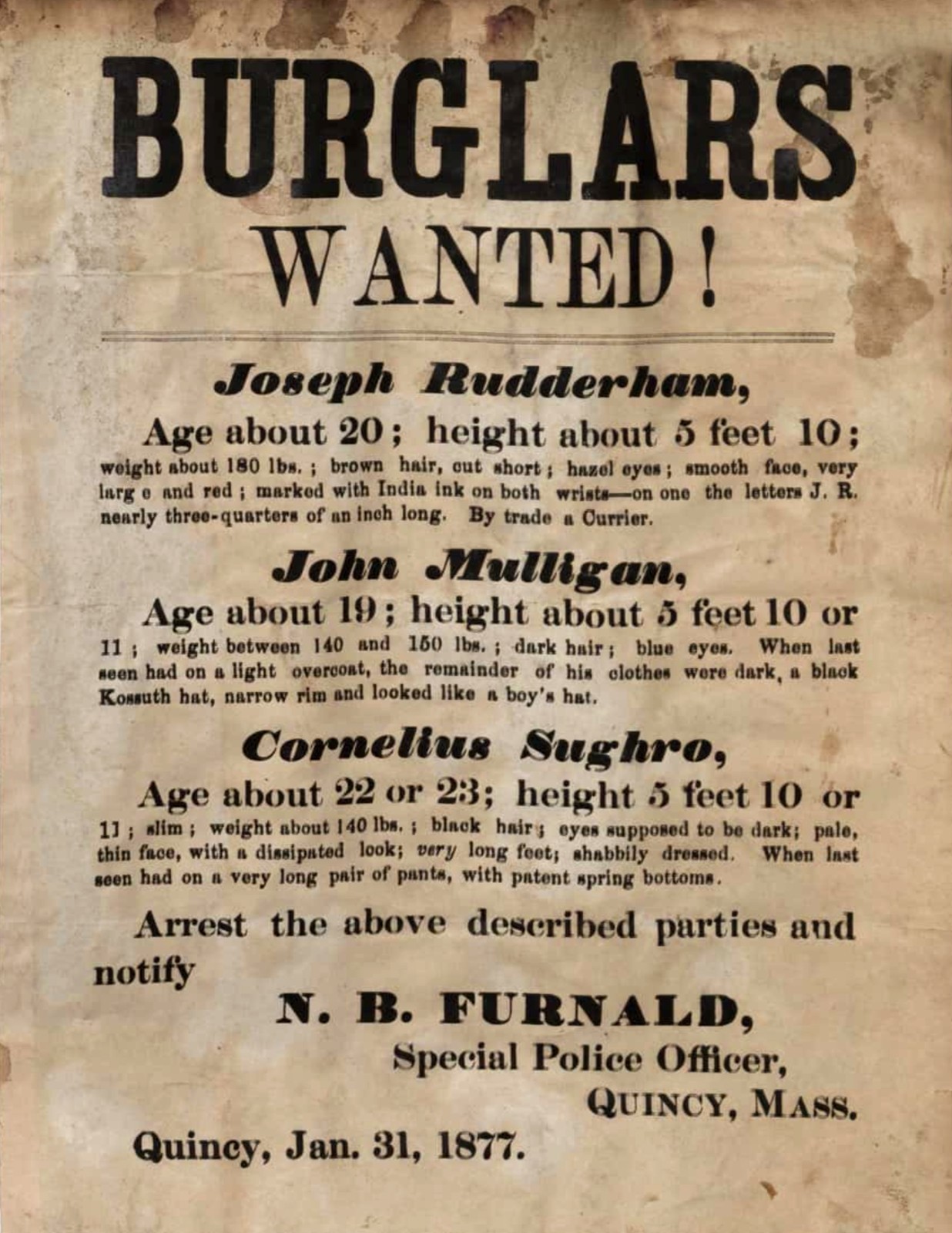 Wanted Poster Burglars Wanted In Quincy Mass 8.5 x 11 Collectable Digital Print