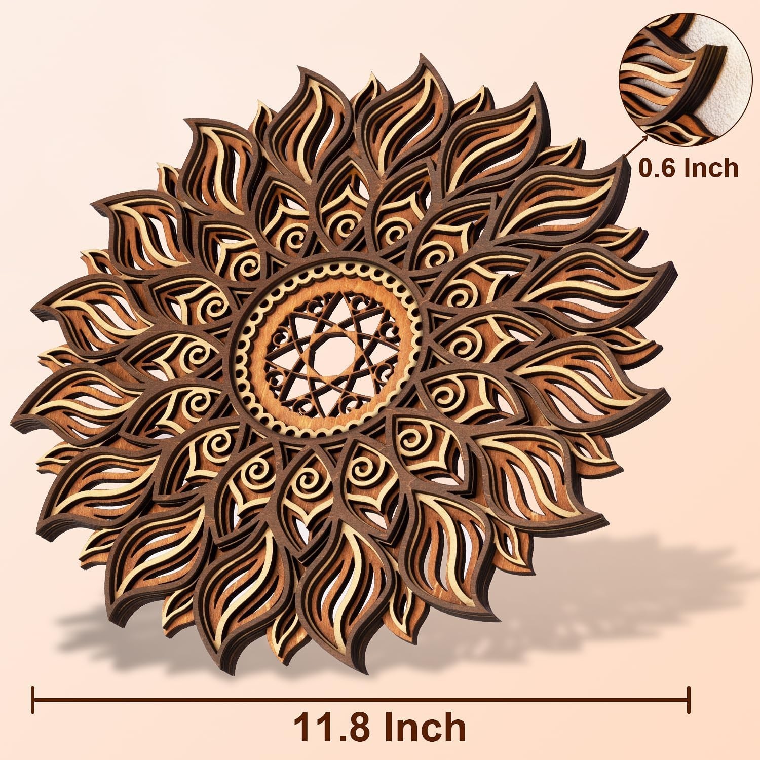 11.8 Inch Sun Wall Decor, Wooden Mandala Wall Art, Hollowed-out Sun Hanging S…