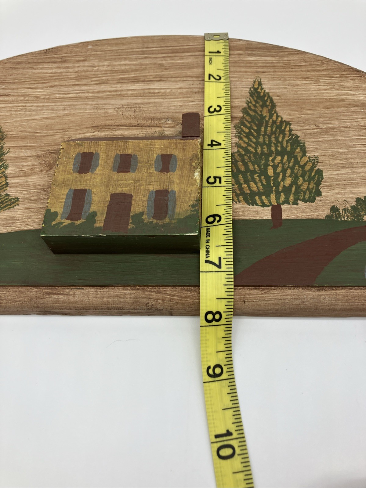 Hand Painted Half Moon Country Scene Wooden Wall Hanging Primitive 3D Folk Art