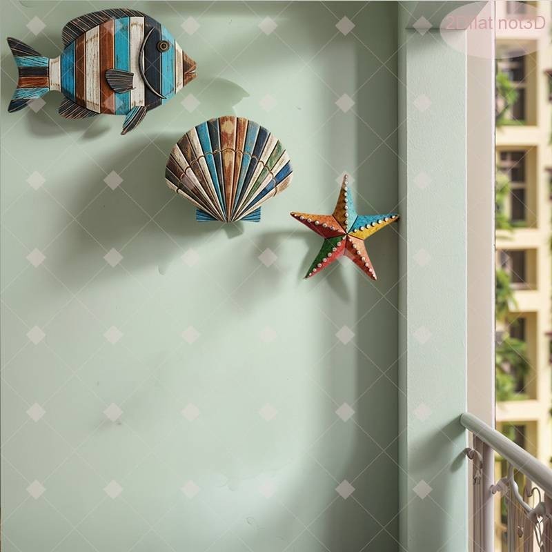 3 Piece Wooden Wall Decor Set American Coastal Style Sea Fish Shells ＆ Starfish