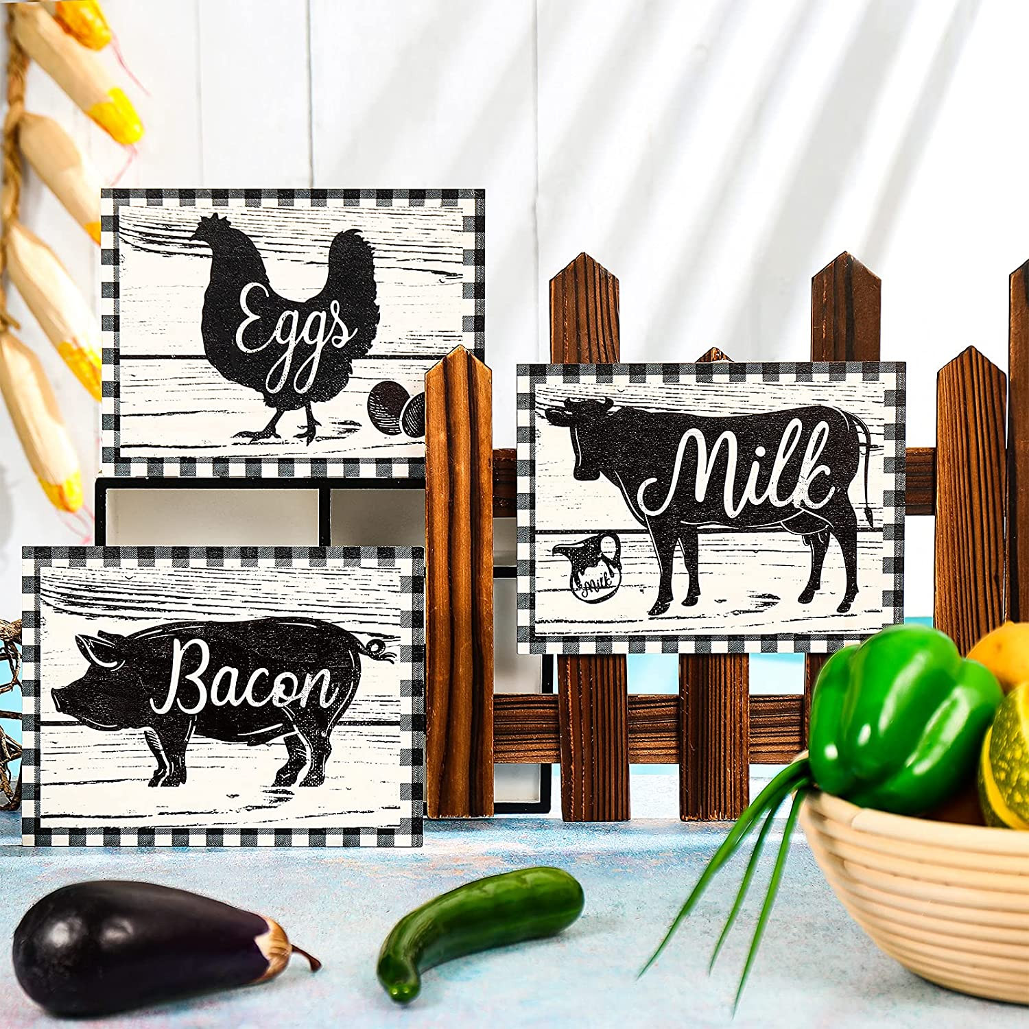 3 Pieces Farmhouse Kitchen Decor Wooden Pig Cow Chicken Signs Rustic Buffalo Pla