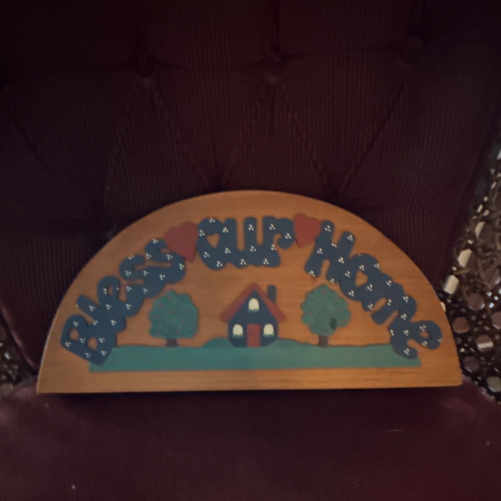 Wood Arch Wall Plaque “God Bless Our Home” Hand Painted Hearts House & Trees