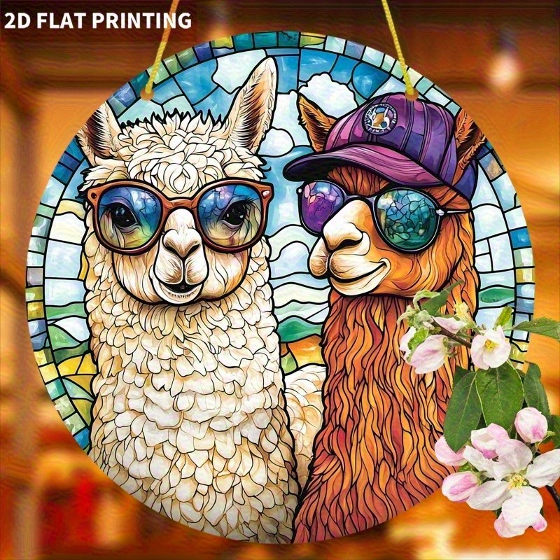 Cool White Brown Alpaca Couple Wearing Sunglasses Cap Acrylic Suncatcher Decor