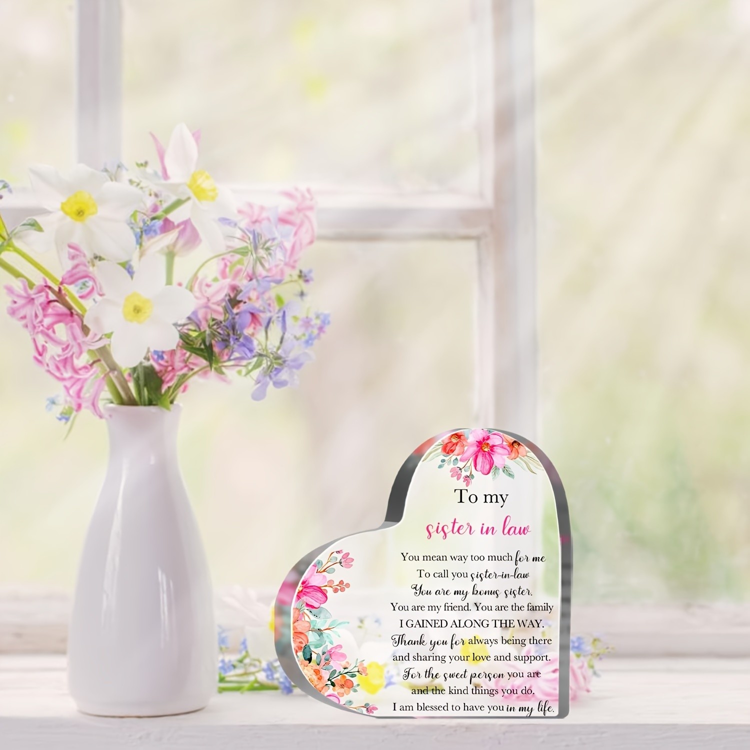 Beauty Floral Sister-in-Law Acrylic Heart Plaque Elegant Birthday Keepsake Gift