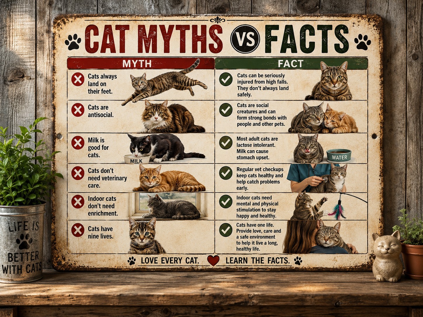 Cat Myths vs Facts Metal Tin Sign Funny Cat Lover Wall Decor Vintage Pet Gift