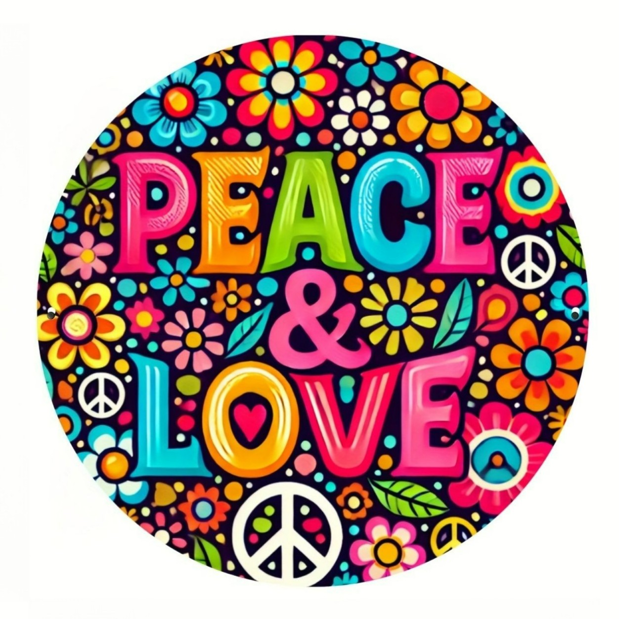 Peace & Love Boho Hippie Floral Metal Sign Round Retro Wall Art Hanging Decor